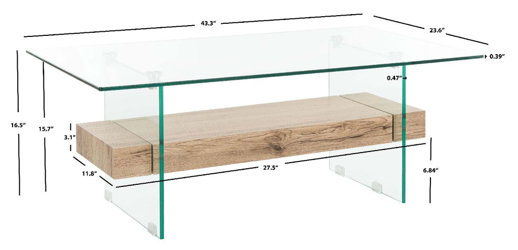 Safavieh Kayley Rectangular Modern Glass Coffee Table - Glass/Natural Wood Rack