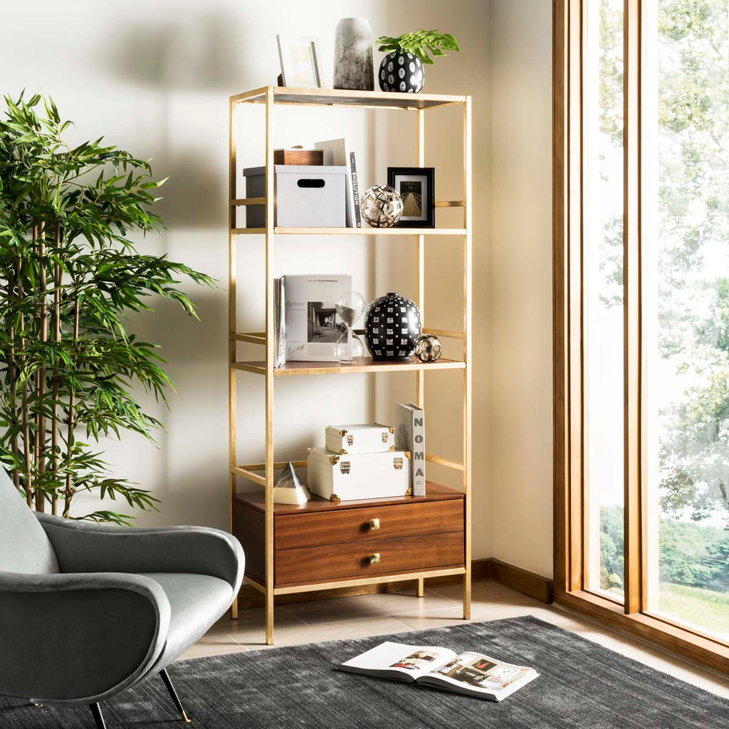 Safavieh Mateo 4 Tier 1 Drawer Etagere - Gold Foil/Walnut