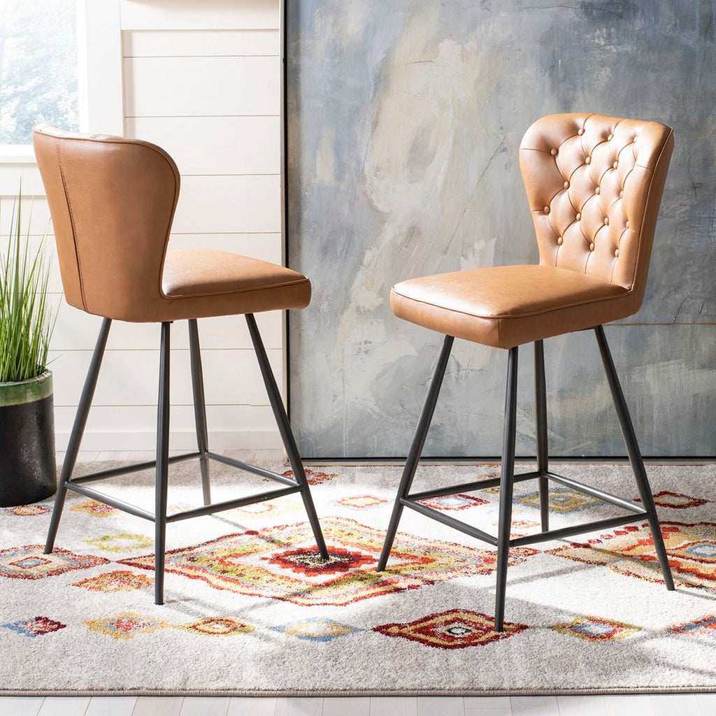 Safavieh Ashby 26H Mid Century Modern Leather Tufted Swivel Counter Stool-Camel (Set of 2)