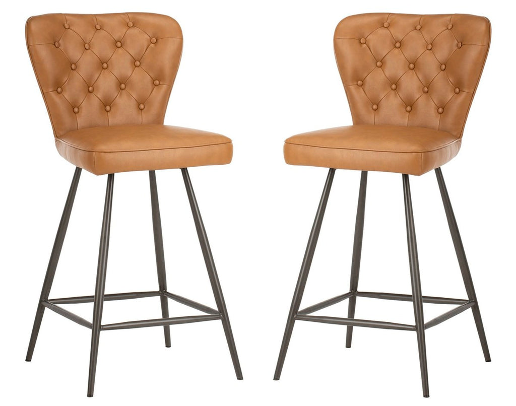 Safavieh Ashby 26H Mid Century Modern Leather Tufted Swivel Counter Stool-Camel (Set of 2)