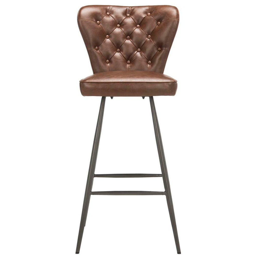 Safavieh Aster 30H Mid Century Modern Leather Tufted Bar Stool - Burgundy (Set of 2)