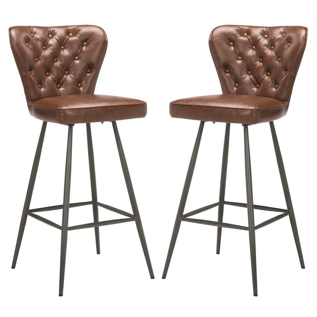 Safavieh Aster 30H Mid Century Modern Leather Tufted Bar Stool - Burgundy (Set of 2)