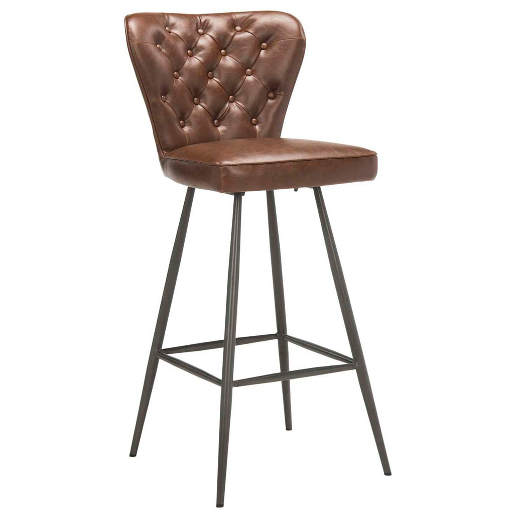 Safavieh Aster 30H Mid Century Modern Leather Tufted Bar Stool - Burgundy (Set of 2)