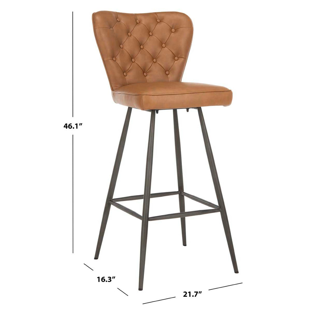 Safavieh Aster 30H Mid Century Modern Leather Tufted Bar Stool -Camel (Set of 2)