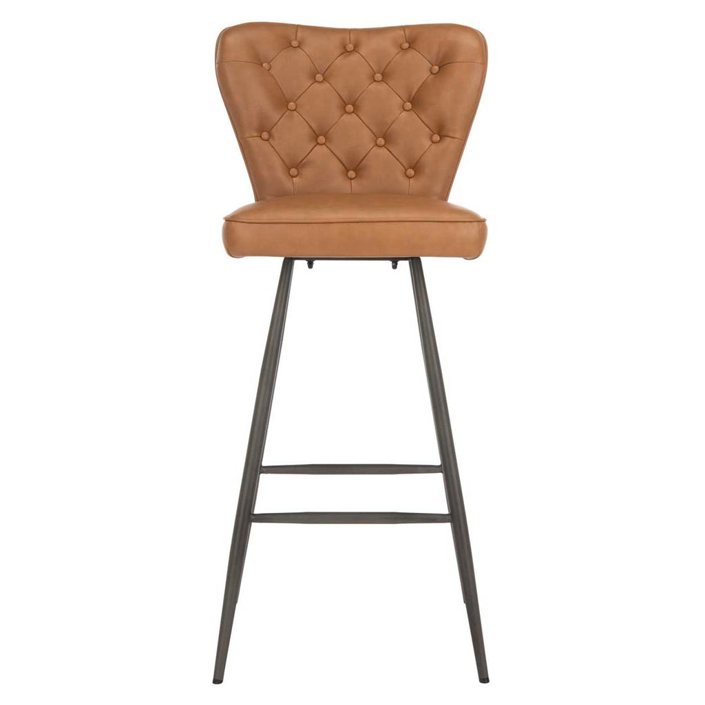 Safavieh Aster 30H Mid Century Modern Leather Tufted Bar Stool -Camel (Set of 2)