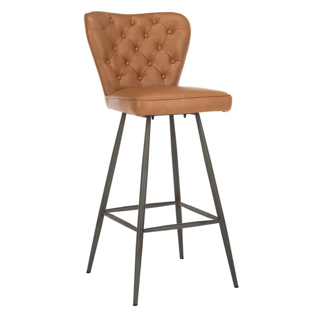 Safavieh Aster 30H Mid Century Modern Leather Tufted Bar Stool -Camel (Set of 2)