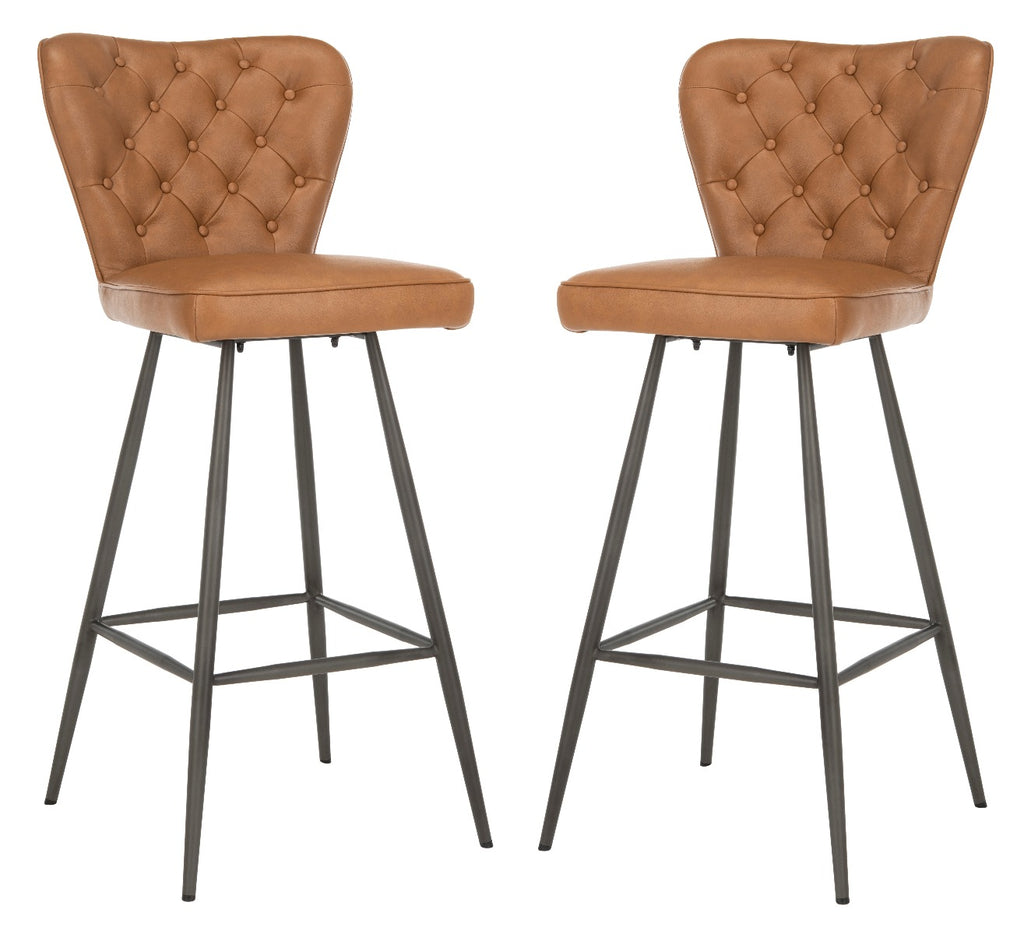 Safavieh Aster 30H Mid Century Modern Leather Tufted Bar Stool -Camel (Set of 2)