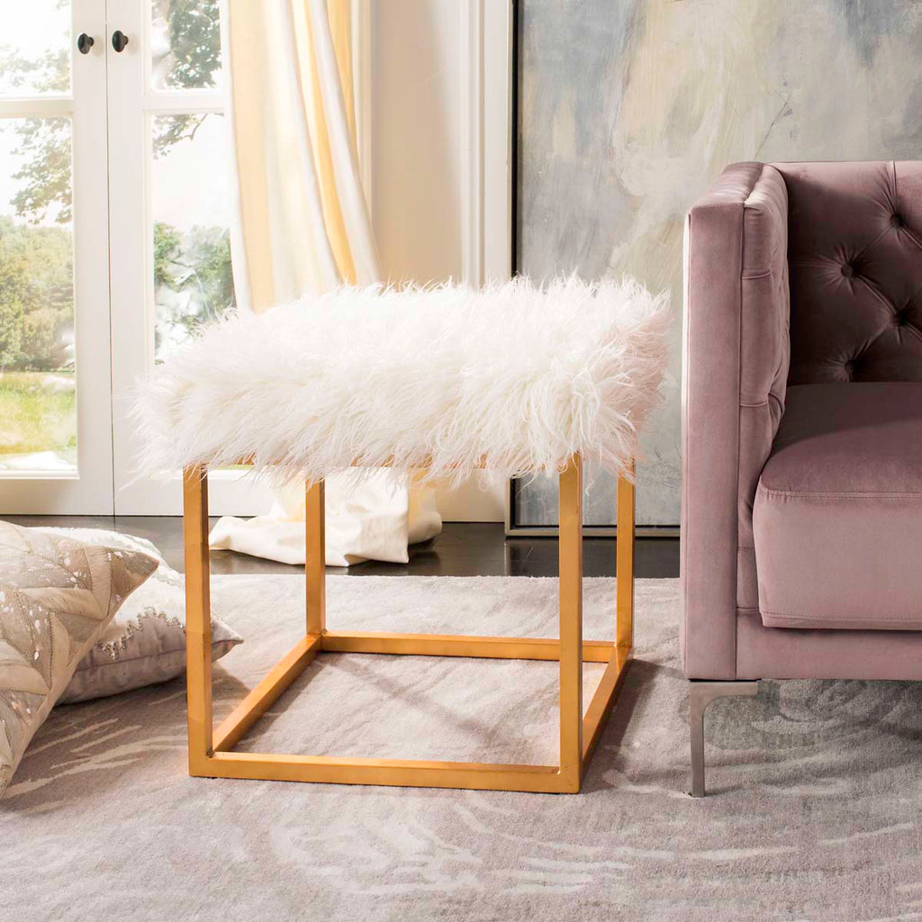 Safavieh Rowan Contemporary Glam Faux Sheepkin Square Ottoman - White