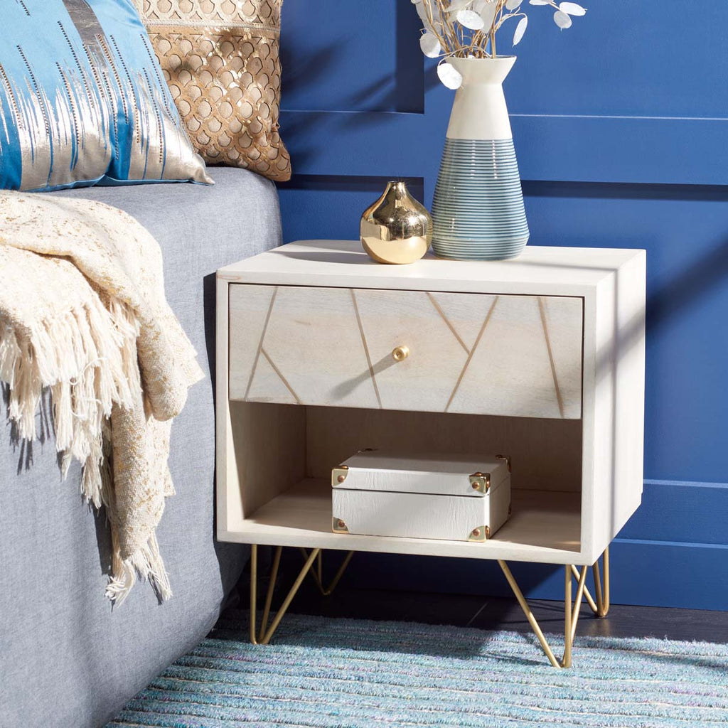 Safavieh Marigold Nightstand - White Washed / Brass