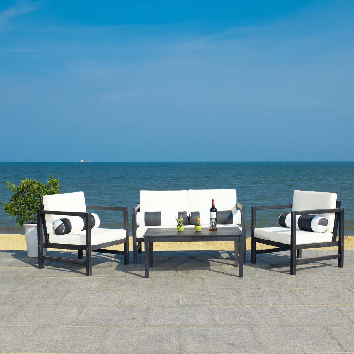 Safavieh Montez 4 Pc Outdoor Set With Accent Pillows Black Beige