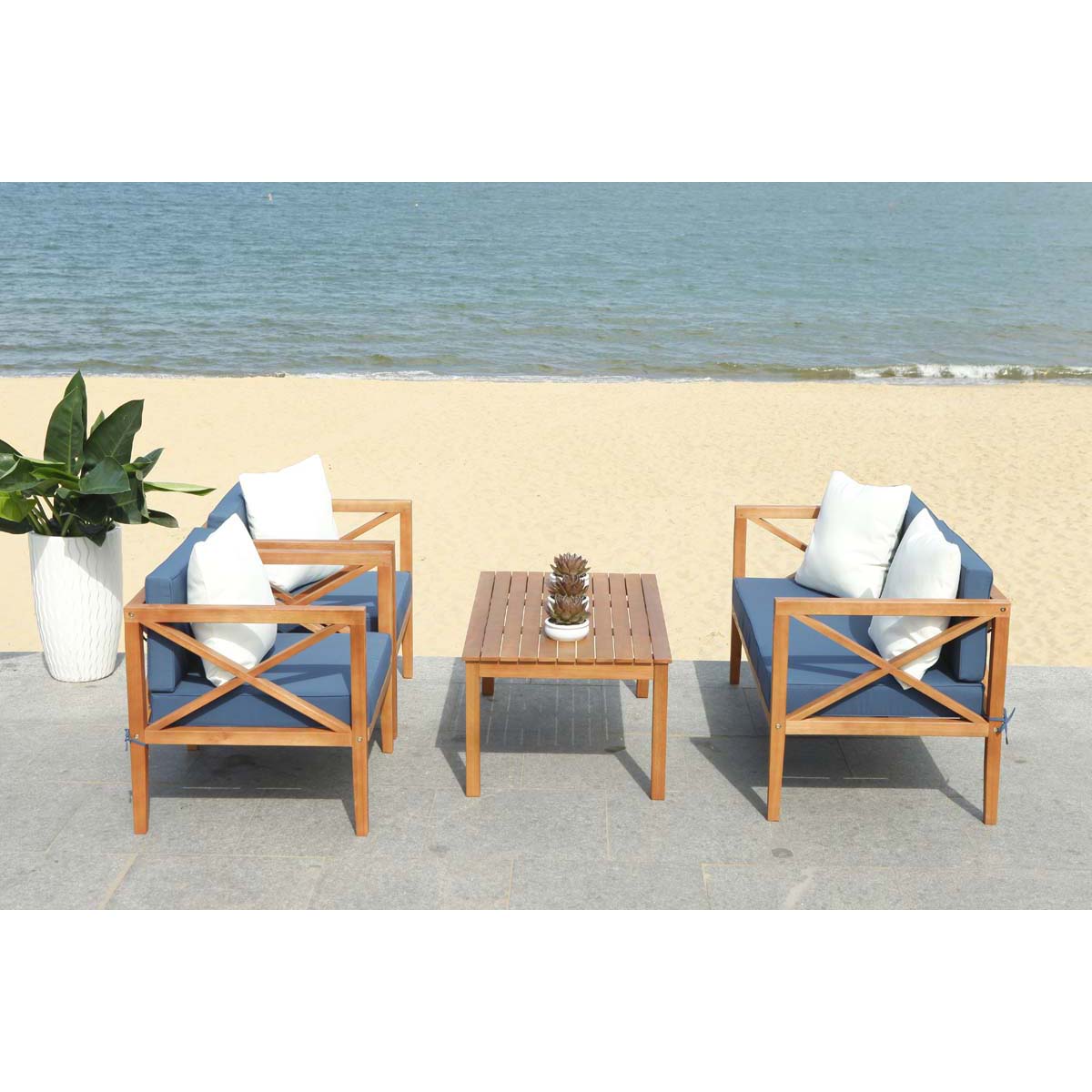 Safavieh Nunzio 4 Pc Outdoor Set With Accent Pillows Natural Navy