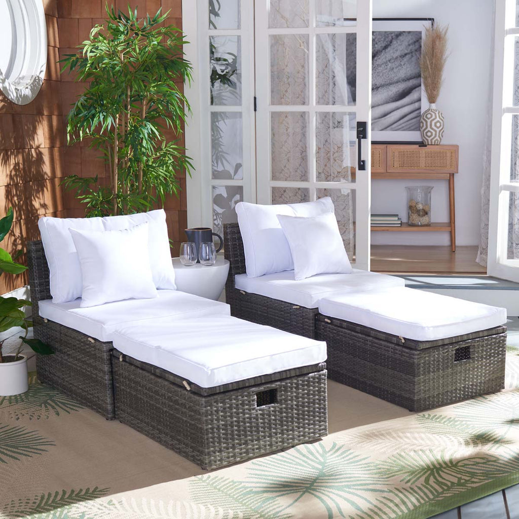 Safavieh Pramla Outdoor Settee With Ottoman- Grey Brown / White (Set of 2)