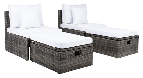 Safavieh Pramla Outdoor Settee With Ottoman- Grey Brown / White (Set of 2)