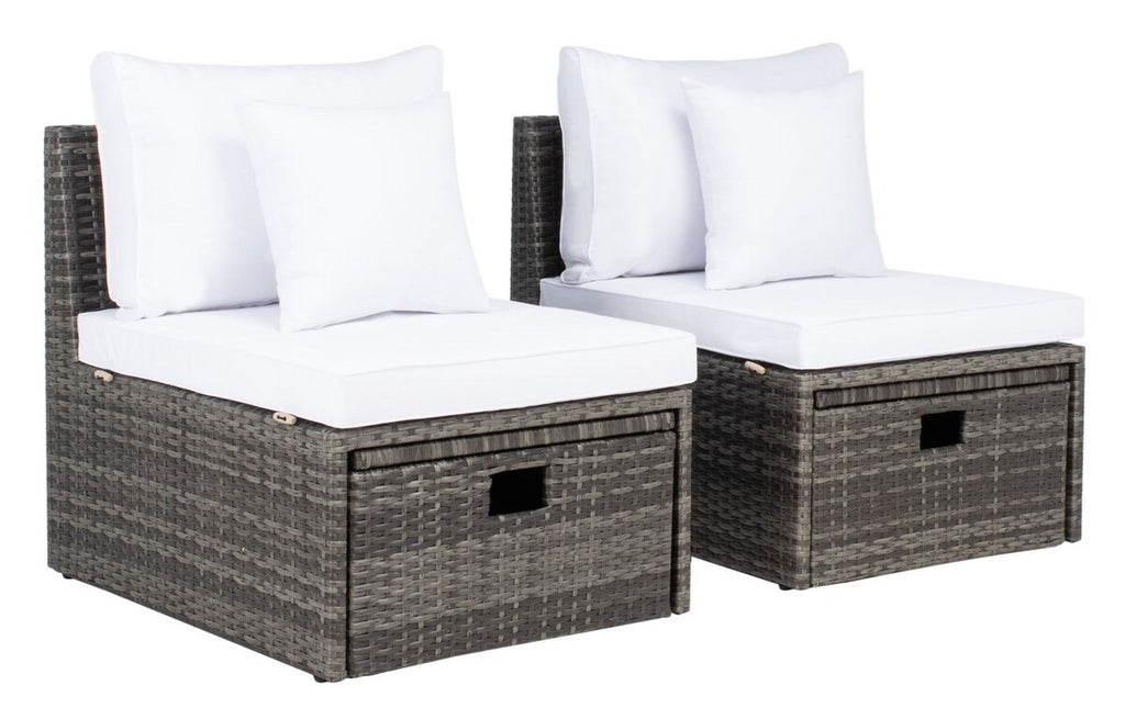 Safavieh Pramla Outdoor Settee With Ottoman- Grey Brown / White (Set of 2)