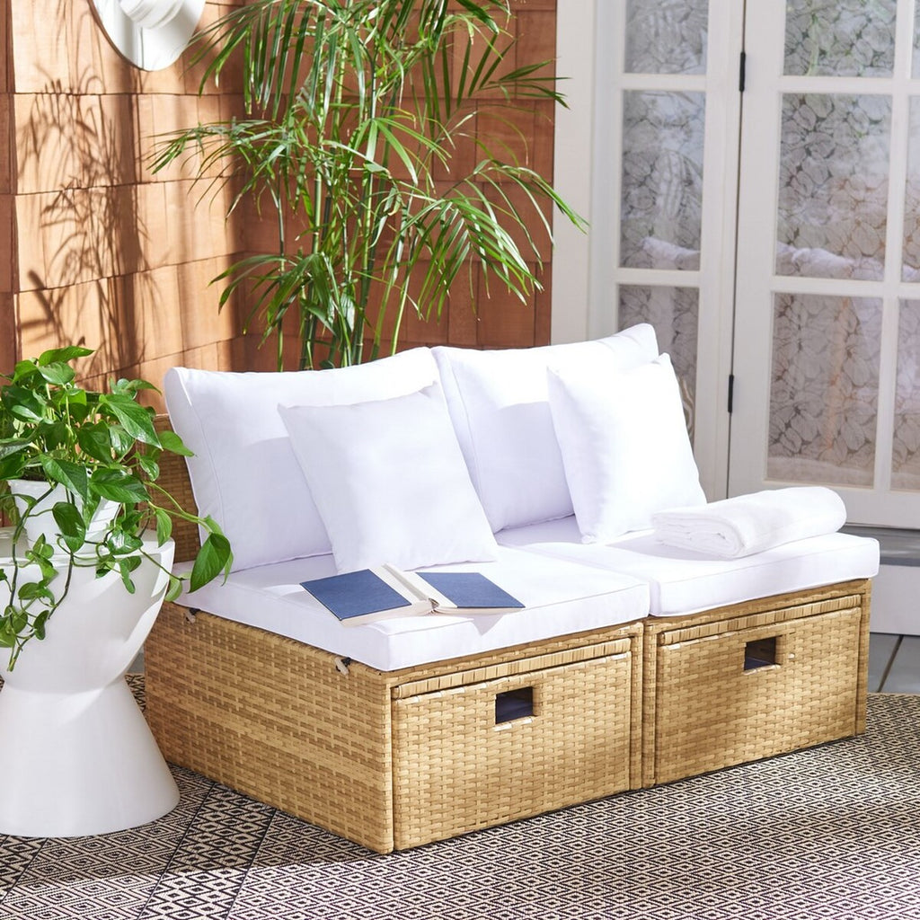 Safavieh Pramla Outdoor Settee With Ottoman - Natural / White (Set of 2)