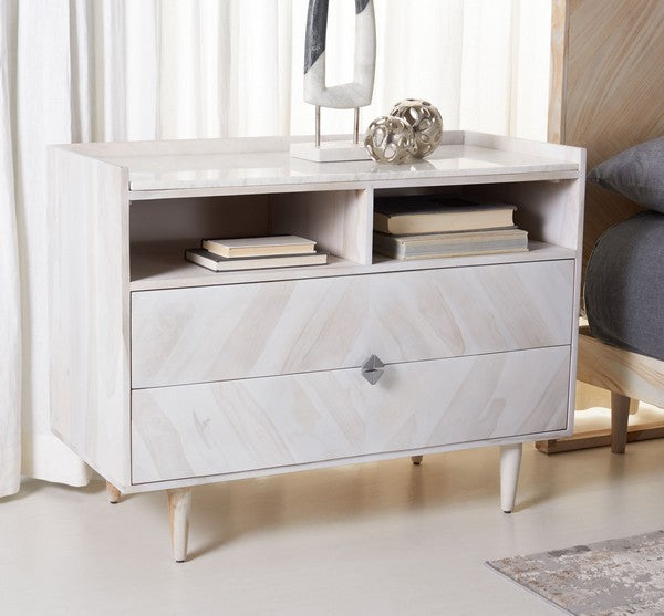 Safavieh Cora Rose Herringbone Nightstand - White Wash/White Marble