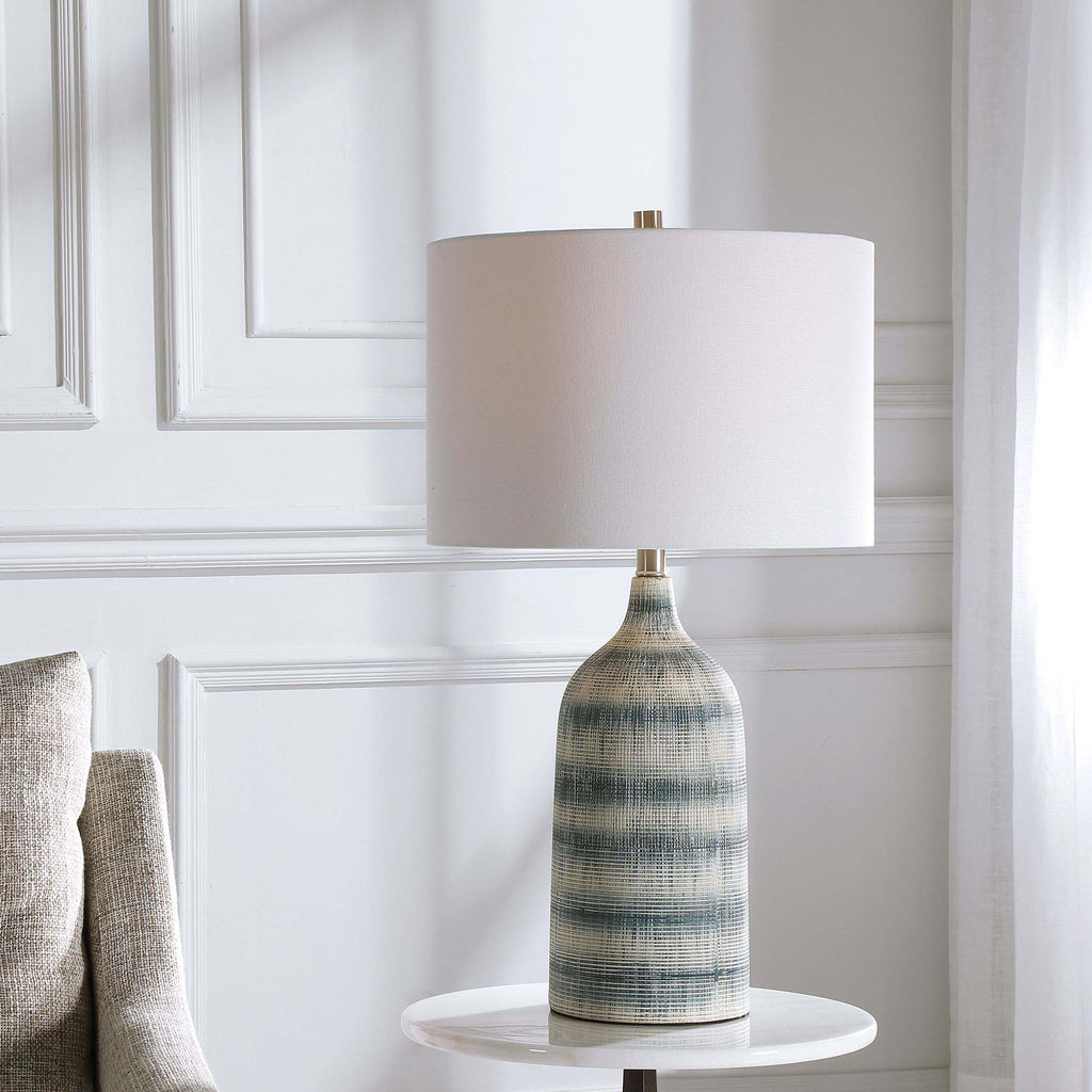 Home Decor Textured Ceramic Table Lamp With A Mixture Of Blue And White Asymmetrical Stripes